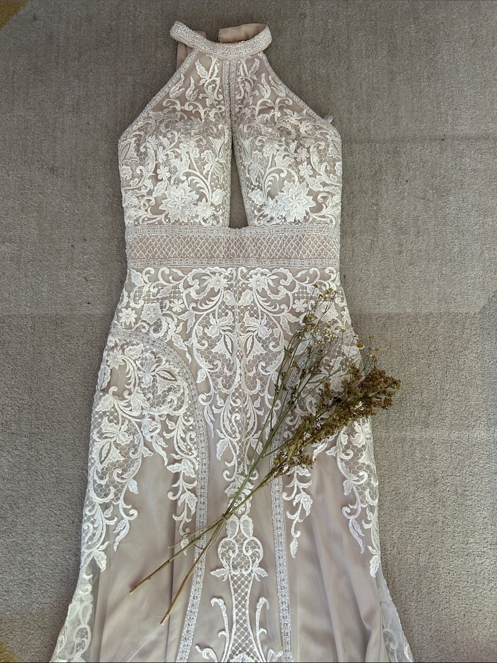 Halter Lace Wedding Gown in Nude with Ivory Overlay - Picture 4 of 11
